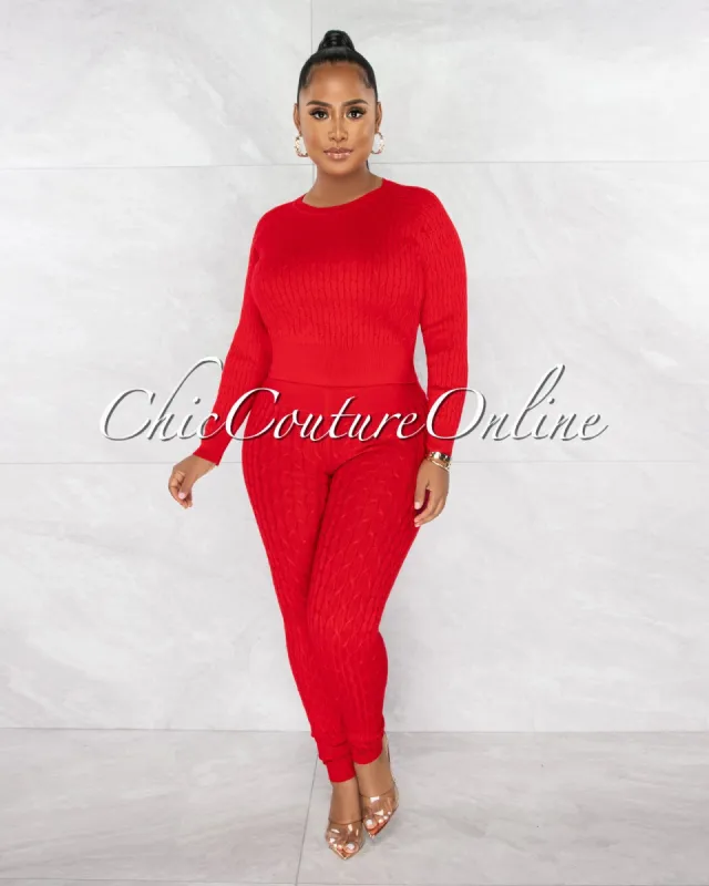 *Palba Red Cable Knit Sweater Leggings Set sold by chic