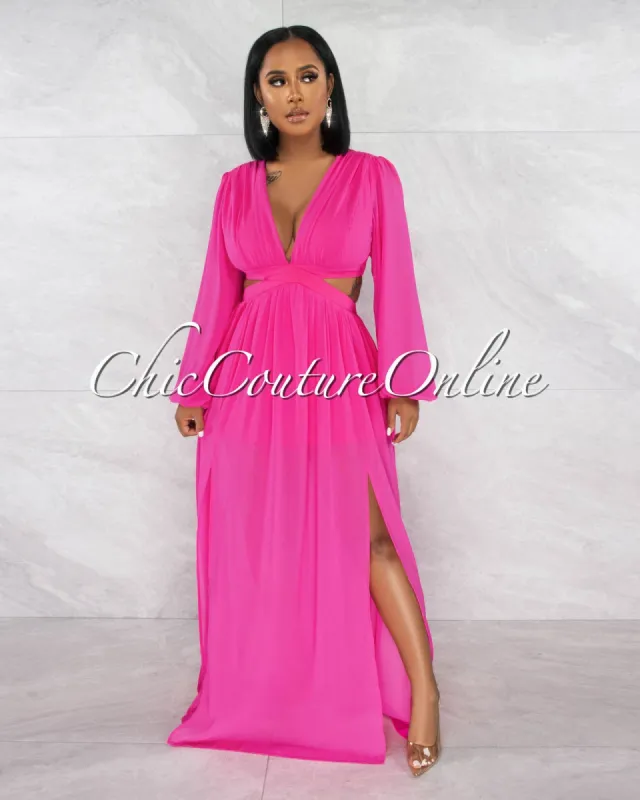 *Duane Hot Pink Cut-Out Waist Long Sleeves Maxi Dress sold by Chic Couture