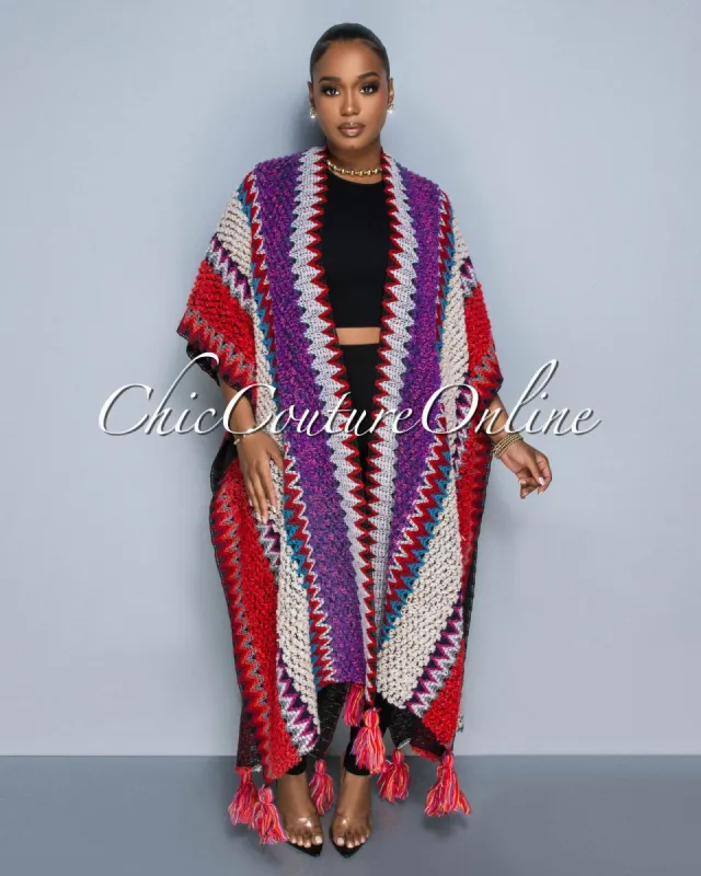 Parsie Black Red Blue Tassels Kimono Knit Cardigan sold by Chic Couture