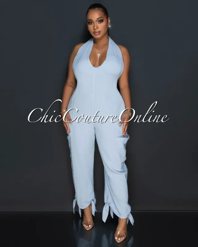 Mafe Sky Blue Halter Oversized Cargo Jumpsuit sold by Chic Couture