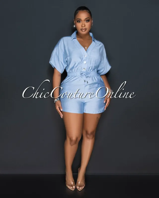 Fausta Baby Blue Front Buttons Utility Romper sold by Chic Couture
