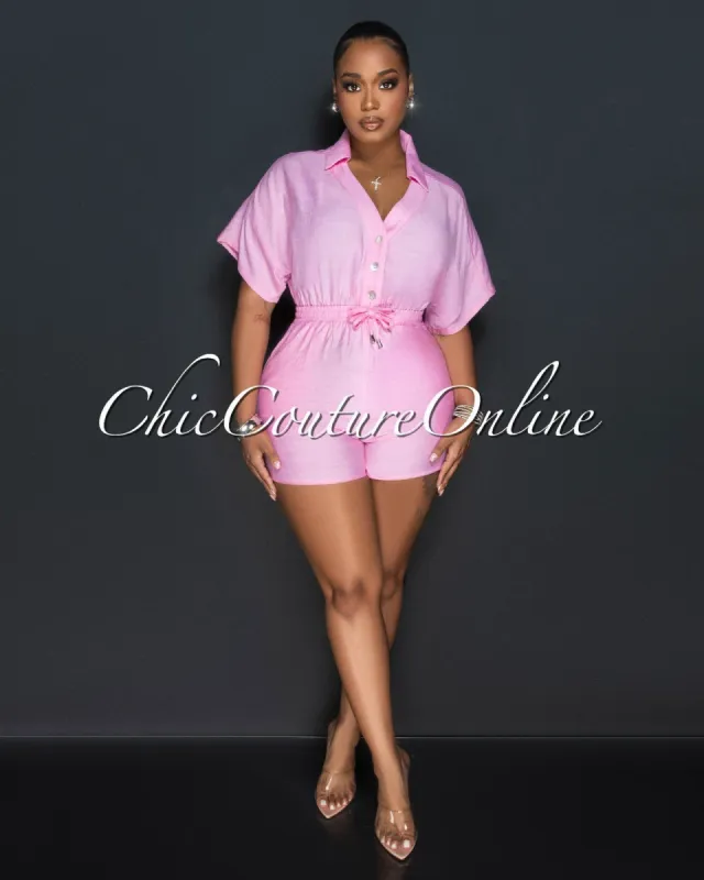*Fausta Baby Pink Front Buttons Utility Romper sold by Chic Couture
