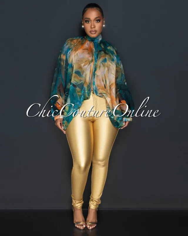 Ravelo Mustard Green Multi-Color Print Sheer Flowy Top sold by Chic Couture