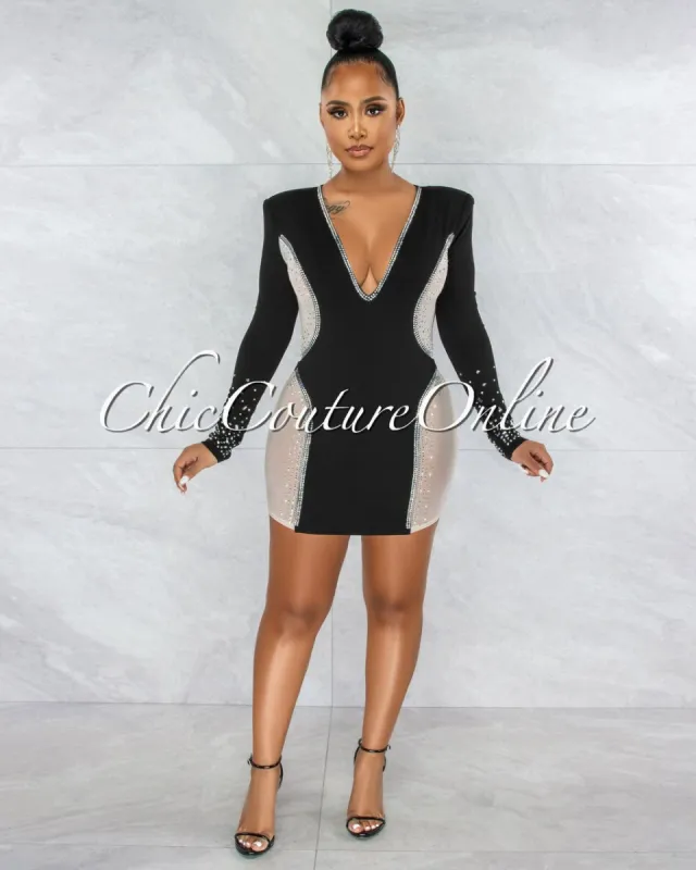 *Tanvi Black Nude Mesh Rhinestones Ultra-Mini Dress sold by chic