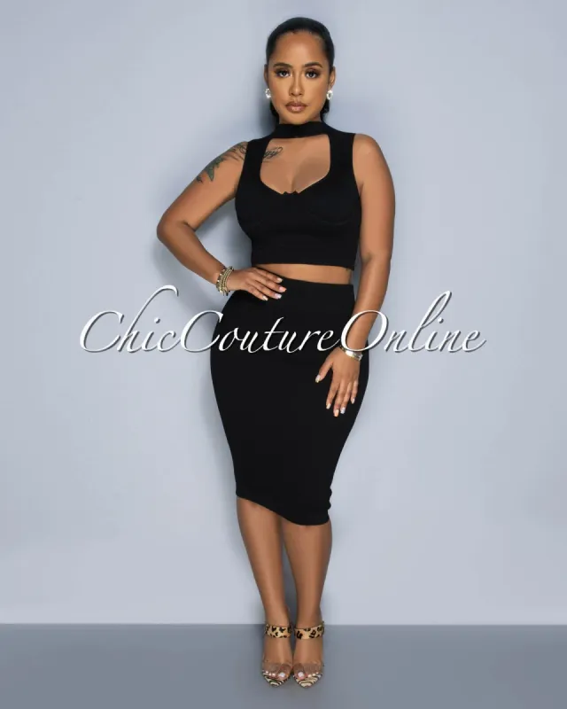 Odera Black Bust Cut-Out Crop Top & SCULPTING Skirt Set sold by Chic Couture