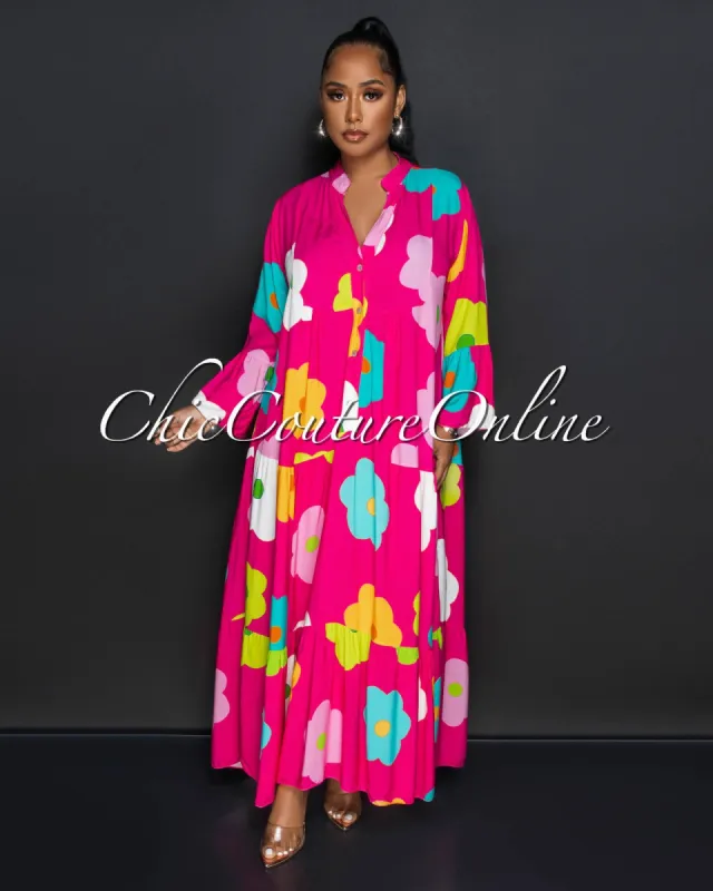 Gason Fuchsia Multi-Color Floral Print Ruffle Hem Maxi Dress sold by Chic Couture