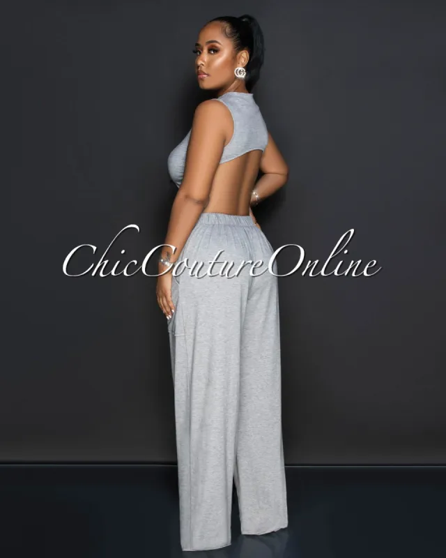 Gladys Gray Open Back Utility Jumpsuit sold by Chic Couture