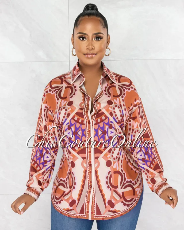Lorena Rust Multi-Color Print Buttoned Silky Blouse sold by Chic Couture