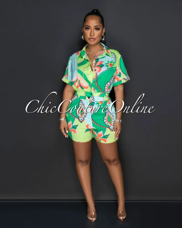 Darwin Green Multi-Color Print Crop Top & Shorts Set sold by chic