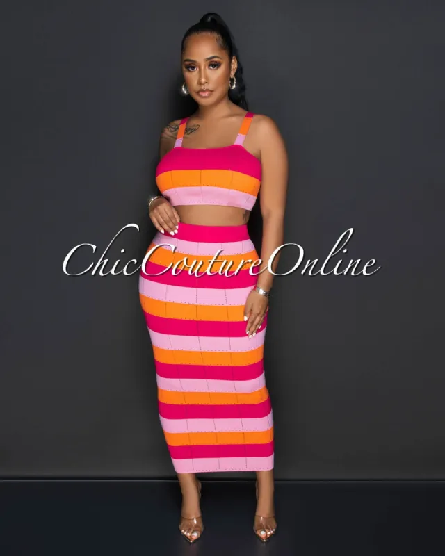 Mahira Fuchsia Orange Stripes Crop Top & Maxi Skirt Knit Set sold by Chic Couture