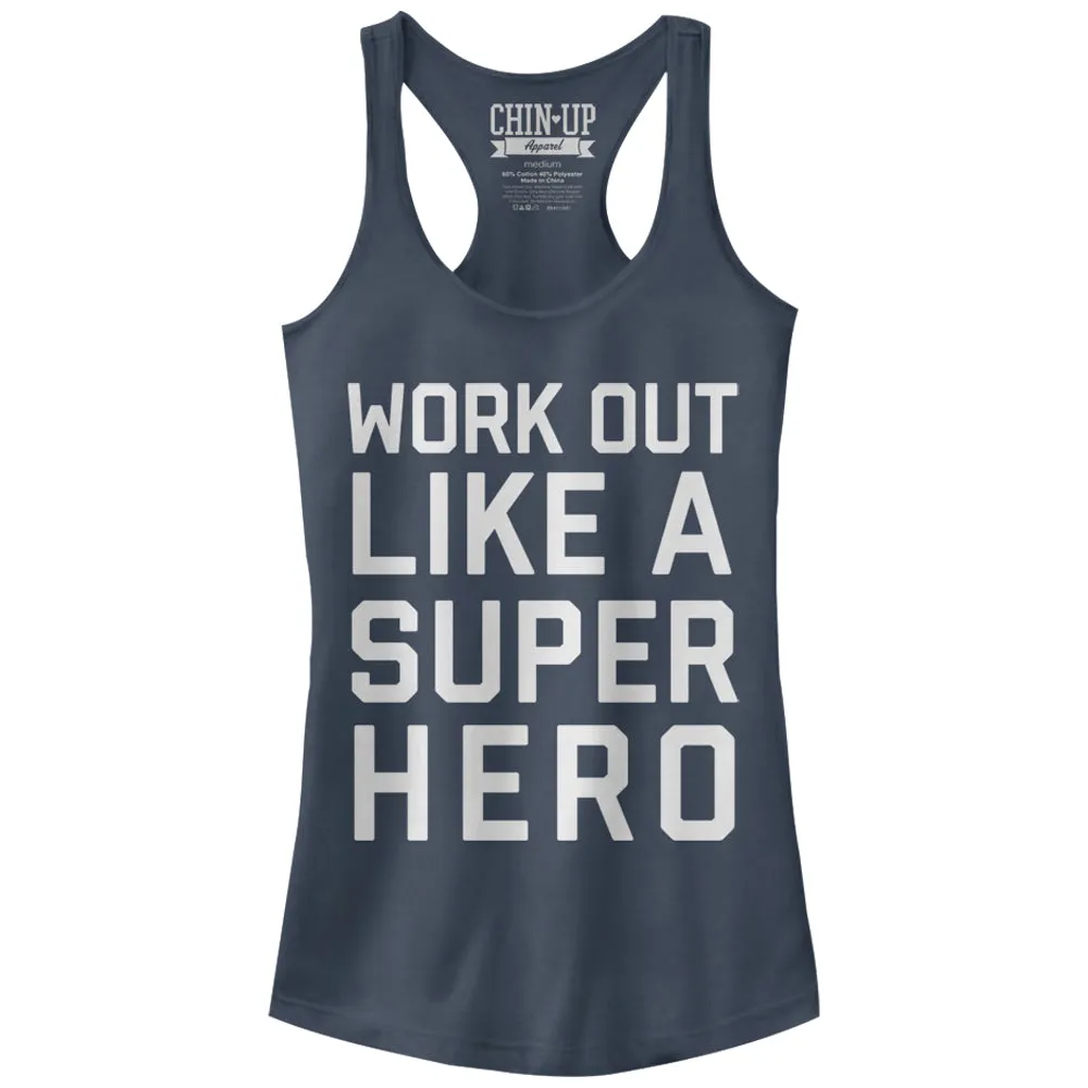 Junior's CHIN UP Work Out Like a Super Hero Racerback Tank Top sold by Chin Up Apparel