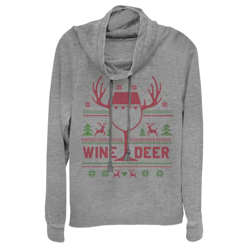 Junior's CHIN UP Christmas Wine Deer Cowl Neck Sweatshirt sold by Chin Up Apparel