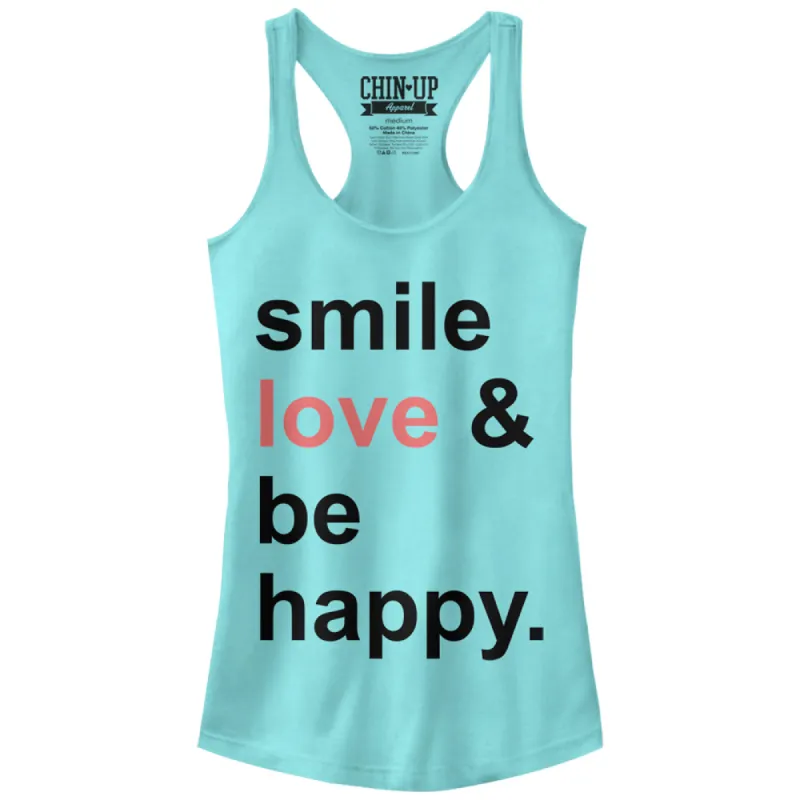 Junior's CHIN UP Smile Love Be Happy Racerback Tank Top sold by Chin Up Apparel