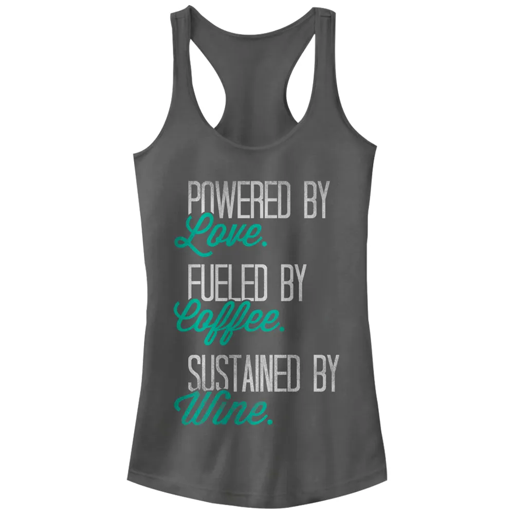 Junior's CHIN UP Powered by Love Fueled by Coffee Racerback Tank Top sold by Chin Up Apparel