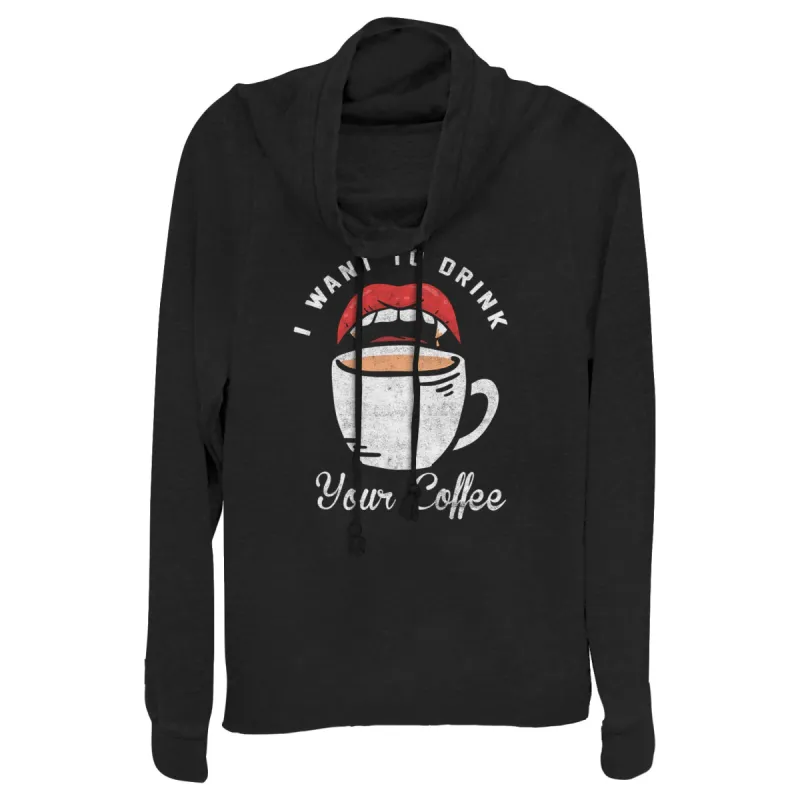 Junior's CHIN UP Halloween Want Your Coffee Cowl Neck Sweatshirt sold by Chin Up Apparel