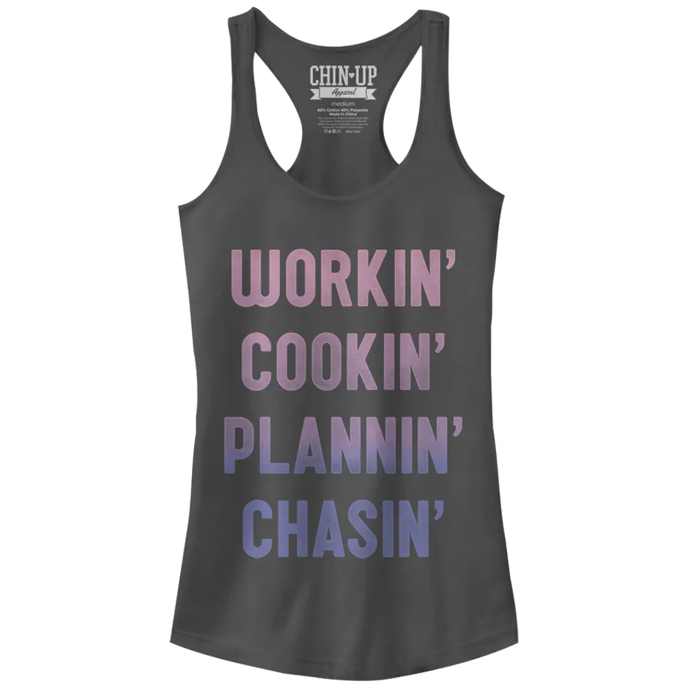 Junior's CHIN UP Working Cooking Planning Chasing Racerback Tank Top sold by Chin Up Apparel