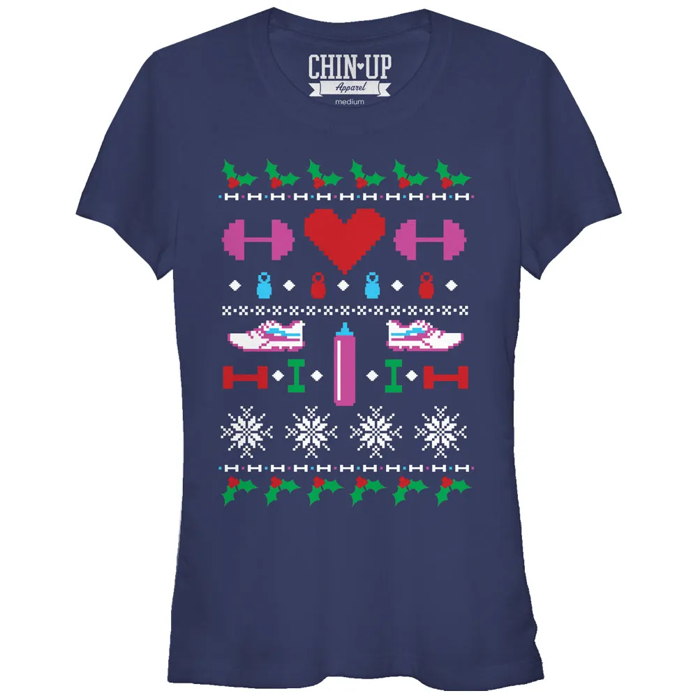 Junior's CHIN UP Ugly Christmas Workout T-Shirt sold by Chin Up Apparel
