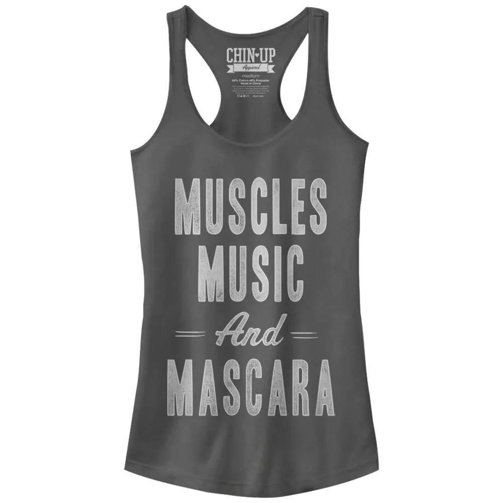 Junior's CHIN UP Muscles Music and Mascara Racerback Tank Top sold by Chin Up Apparel