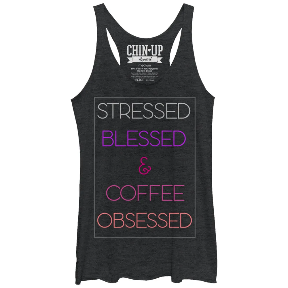 Women's CHIN UP Stressed Blessed Coffee Obsessed Racerback Tank Top sold by Chin Up Apparel