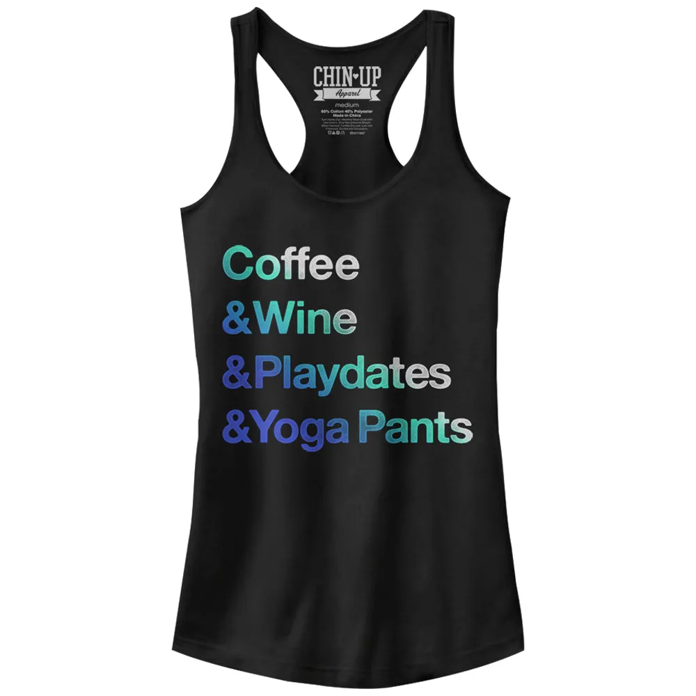 Junior's CHIN UP Coffee Wine Playdates Yoga Pants Racerback Tank Top sold by Chin Up Apparel