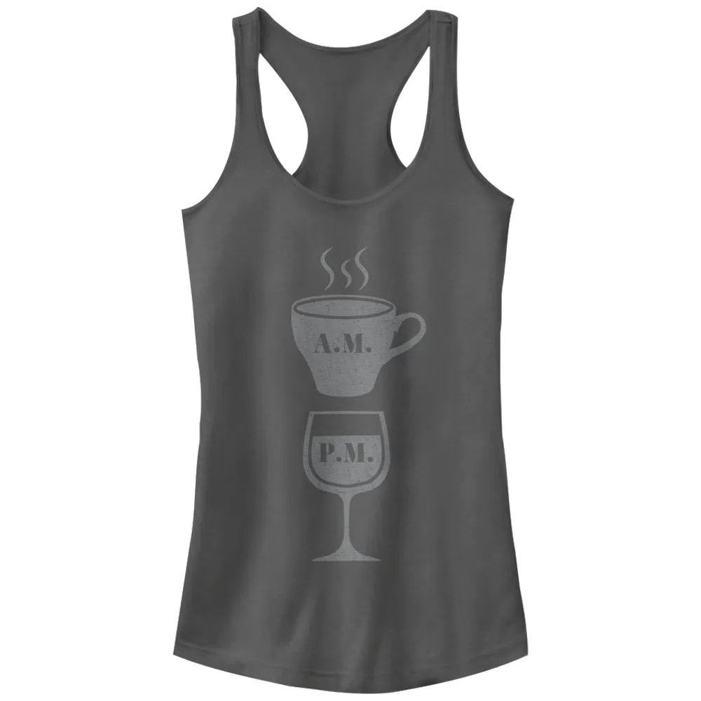 Junior's CHIN UP Coffee AM Wine PM Racerback Tank Top sold by Chin Up Apparel