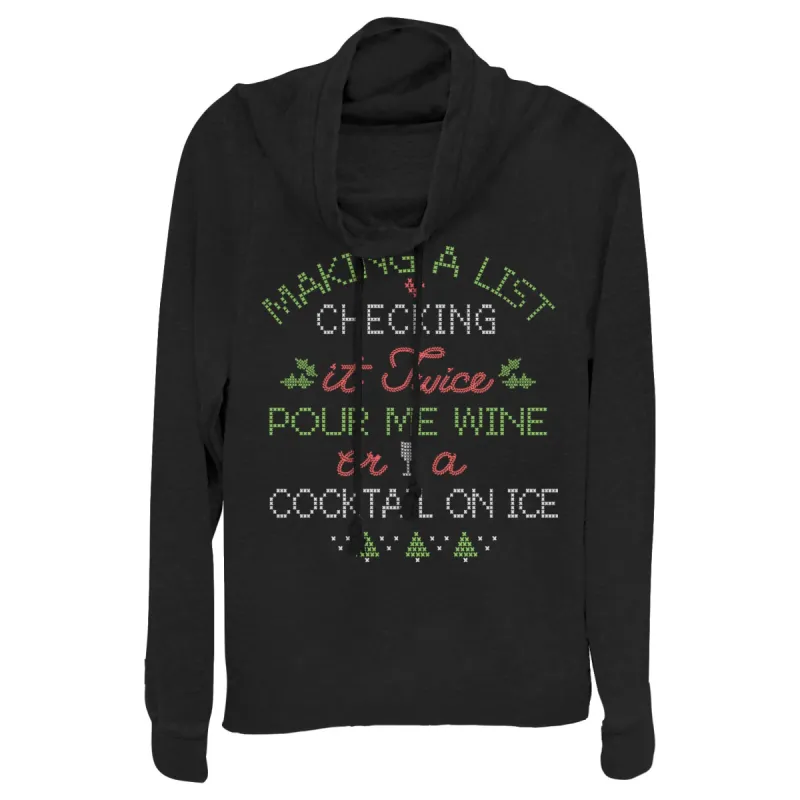 Junior's CHIN UP Christmas Wine or Cocktail Cowl Neck Sweatshirt sold by Chin Up Apparel