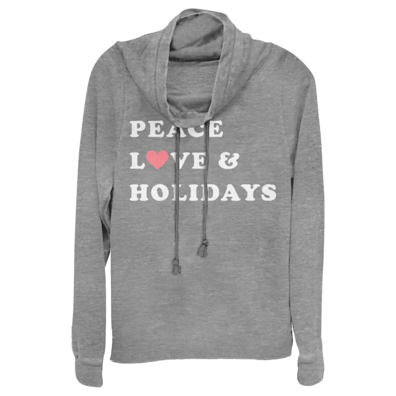 Junior's CHIN UP Christmas Peace & Love Cowl Neck Sweatshirt sold by Chin Up Apparel