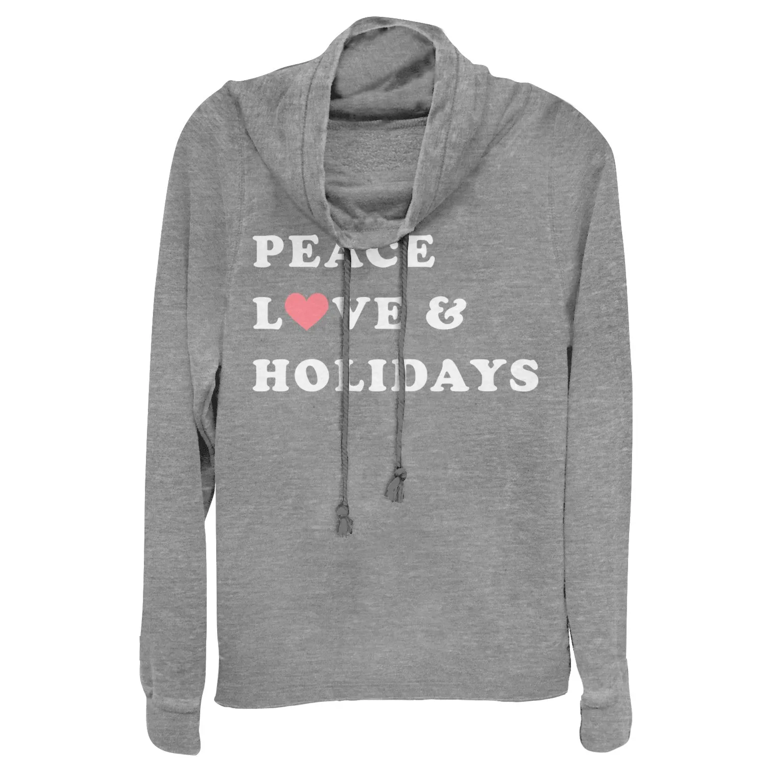 Junior's CHIN UP Christmas Peace & Love Cowl Neck Sweatshirt sold by Chin Up Apparel