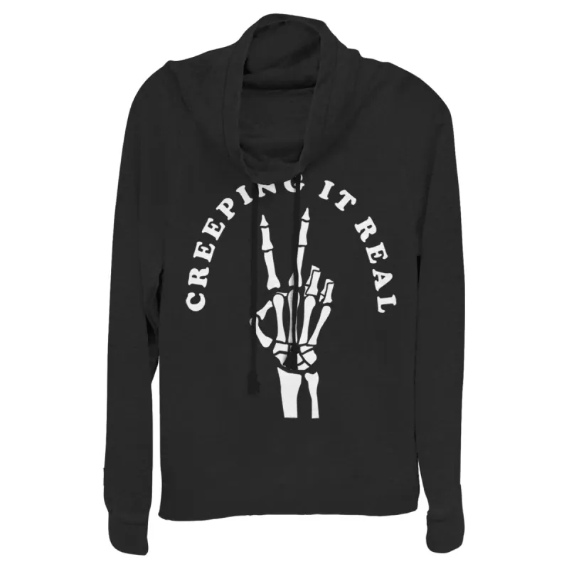 Junior's CHIN UP Halloween Creepin' Real Skeleton Cowl Neck Sweatshirt sold by Chin Up Apparel