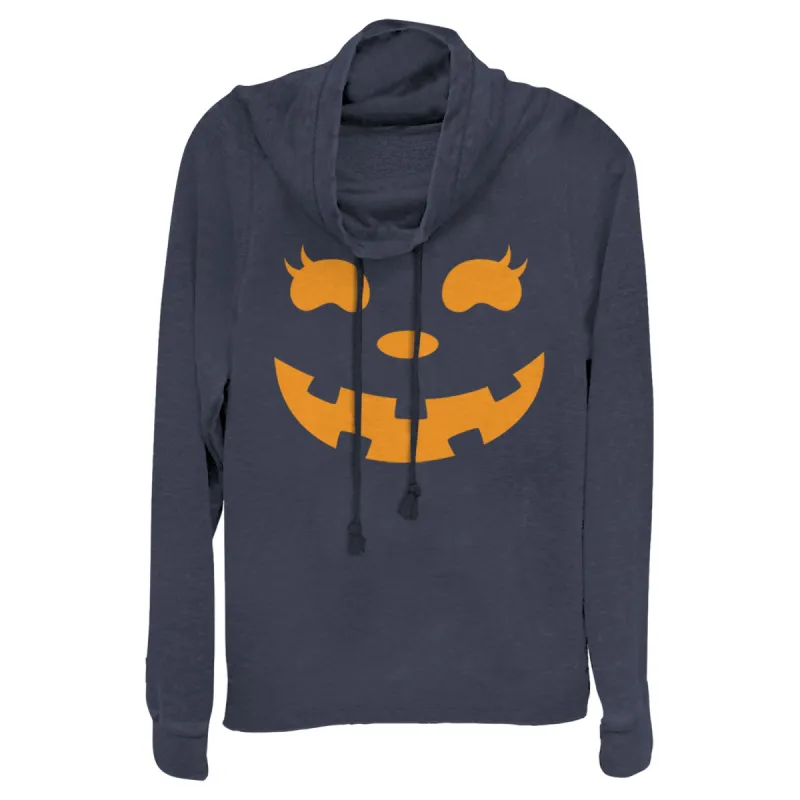 Junior's CHIN UP Halloween Jack o' Lantern Face Cowl Neck Sweatshirt sold by Chin Up Apparel