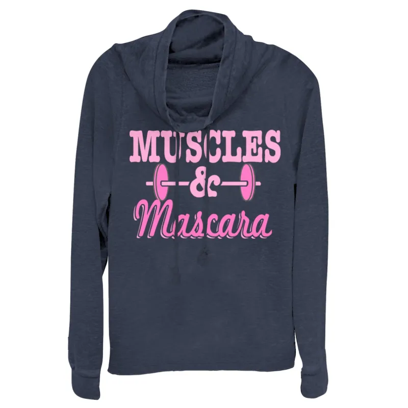 Junior's CHIN UP Barbell Muscles and Mascara Cowl Neck Sweatshirt sold by Chin Up Apparel