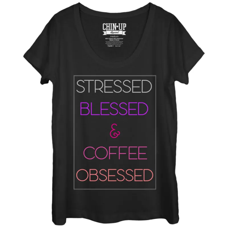 Women's CHIN UP Stressed Blessed Coffee Obsessed Scoop Neck sold by Chin Up Apparel