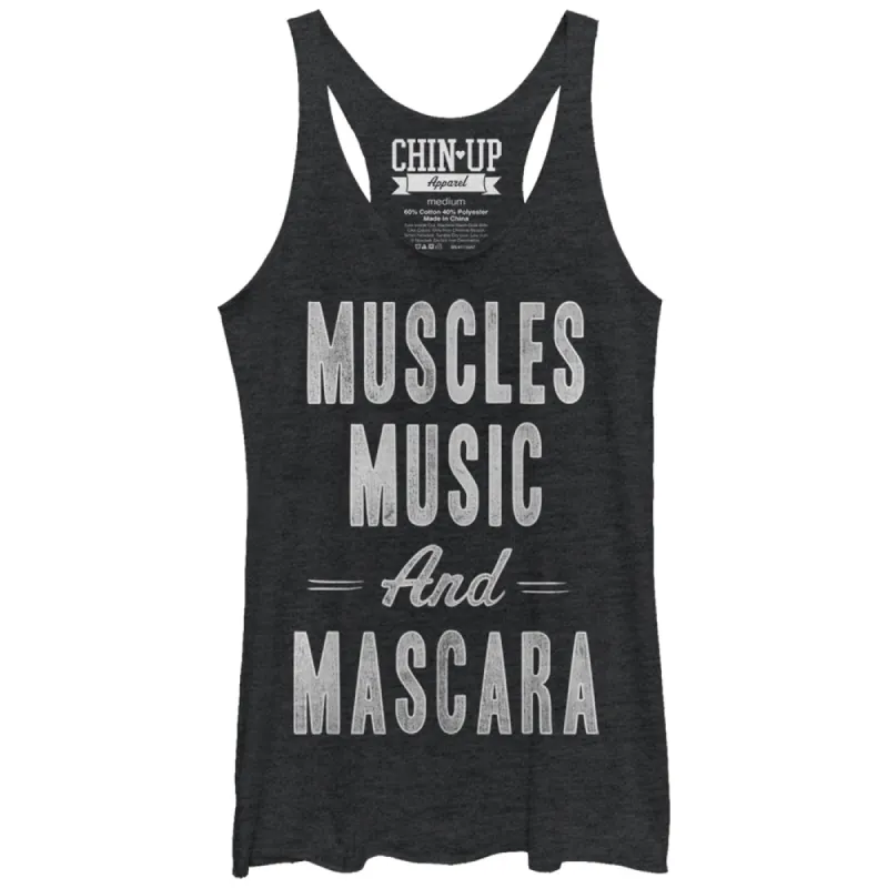 Women's CHIN UP Muscles Music and Mascara Racerback Tank Top sold by Chin Up Apparel