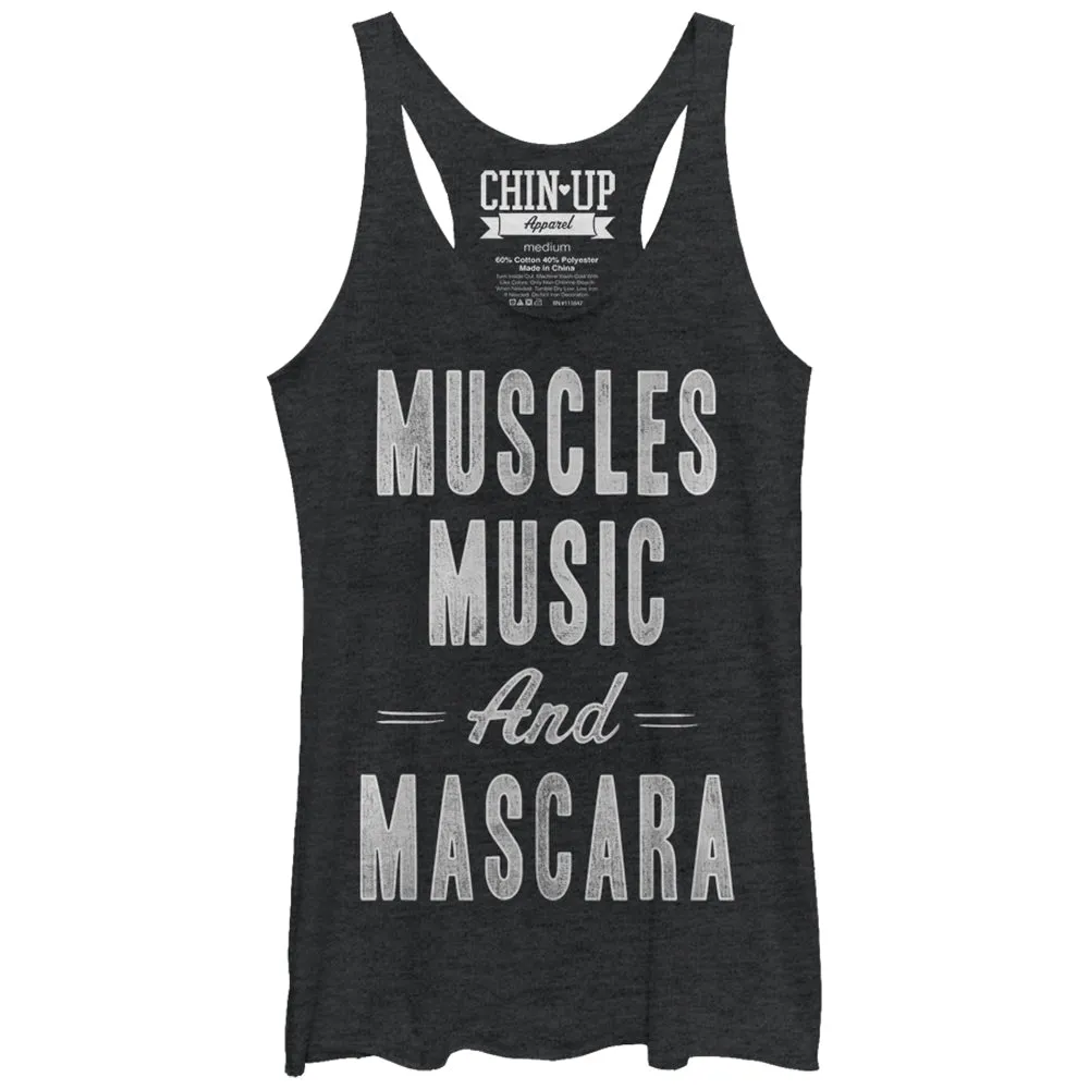 Women's CHIN UP Muscles Music and Mascara Racerback Tank Top sold by Chin Up Apparel