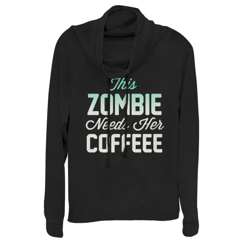 Junior's CHIN UP Halloween Zombie Needs Coffee Cowl Neck Sweatshirt sold by Chin Up Apparel