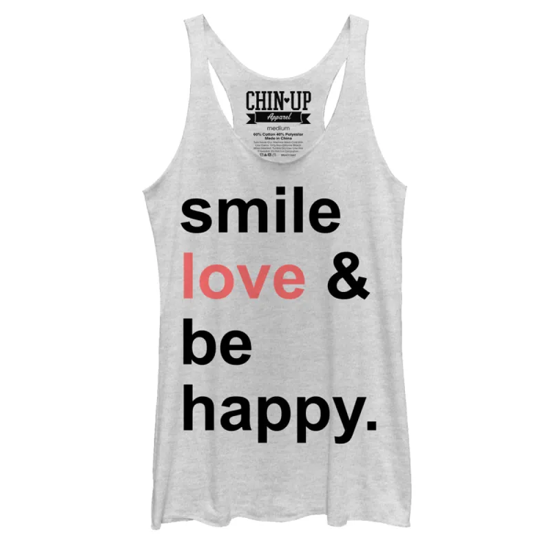 Women's CHIN UP Smile Love Be Happy Racerback Tank Top sold by Chin Up Apparel