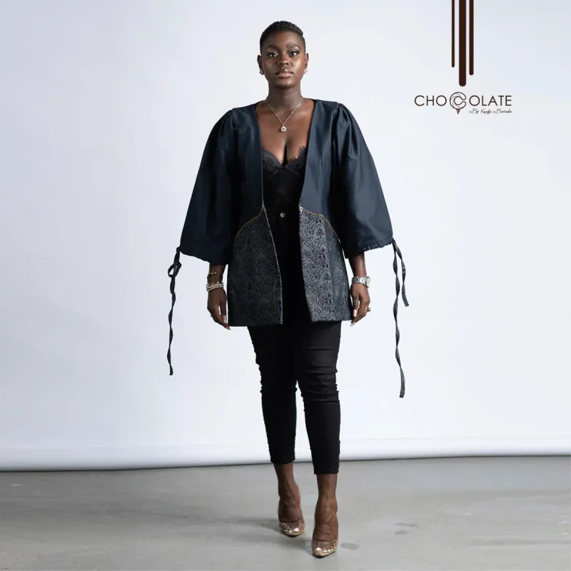 Classic Navy Printed Booty Jacket (BLACK JEANS OUT OF STOCK BUT AVAILABLE IN BROWN) sold by Chocolate