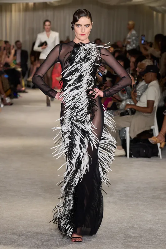 Long Sleeve Mesh Gown with Black and White Vinyl Fringe Ruffle made by Christian Siriano