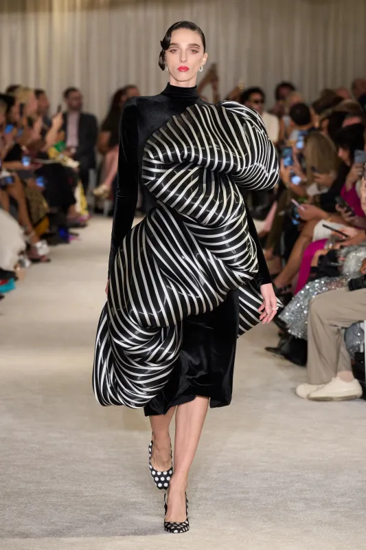 Black and White Liquid Organza Stripe Bubble Ruffle Midi Dress sold by Christian Siriano