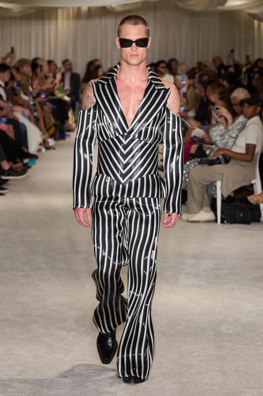 Black and White Stripe Liquid Organza Cut Out Shoulder Blazer sold by Christian Siriano