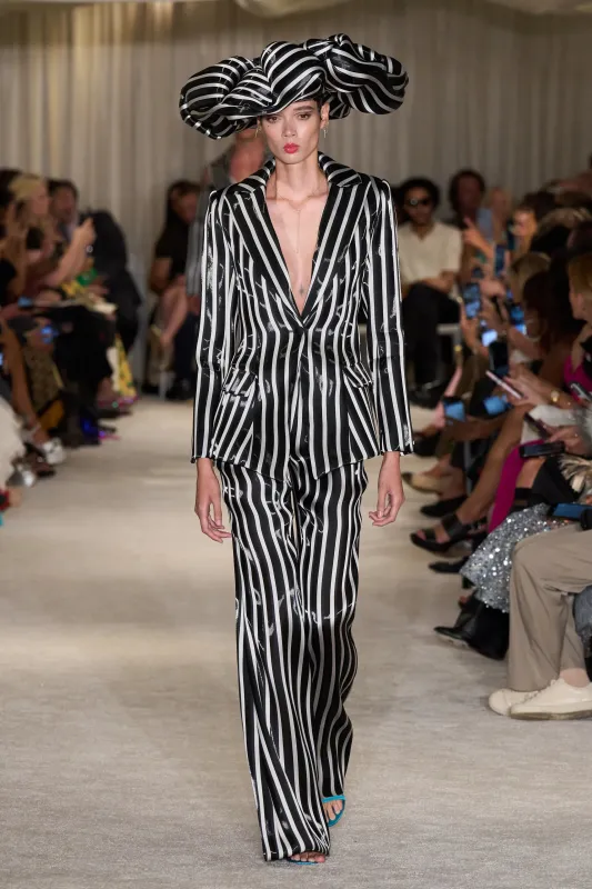 Black and White Stripe Liquid Organza Flare Trouser made by Christian Siriano