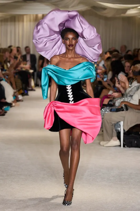 Black Velvet Lace Up Mini Dress with Aqua and Fuchsia Drape made by Christian Siriano