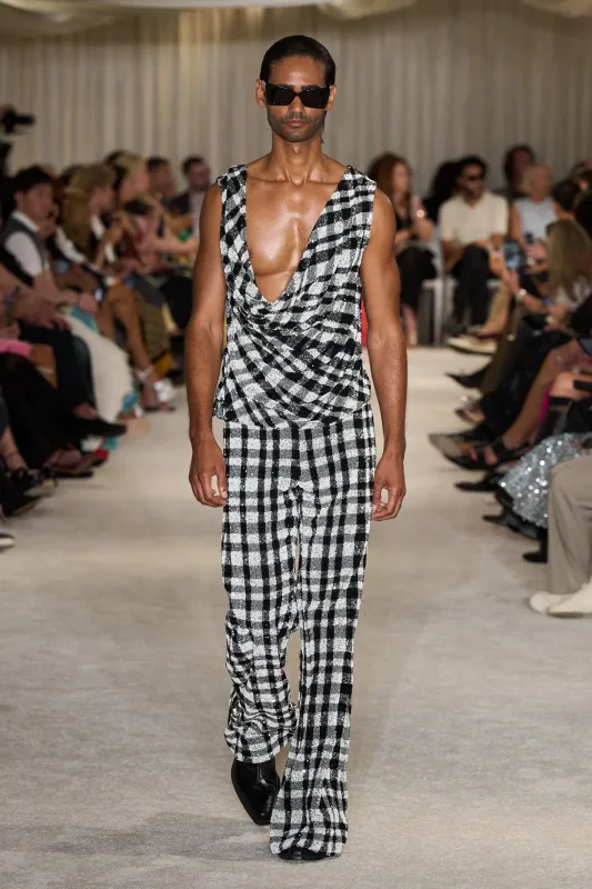 Black and White Sequin Plaid Flare Trouser made by Christian Siriano