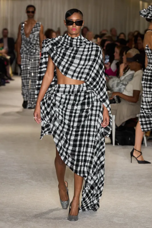 Black and White Sequin Plaid Structured Skirt made by Christian Siriano