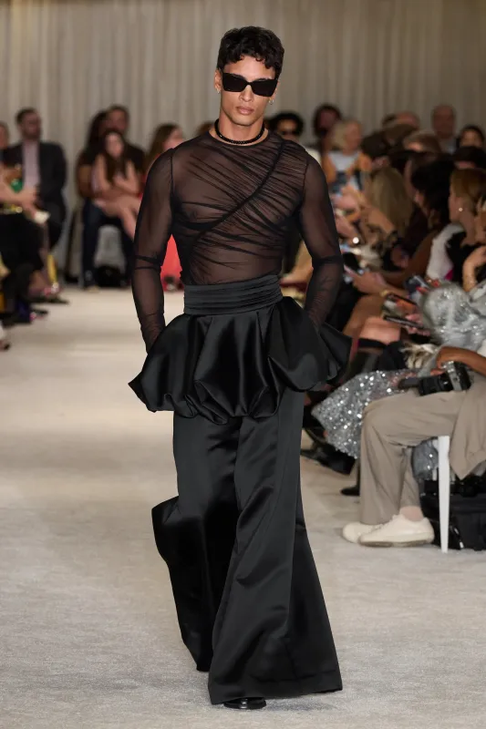 Black Mesh Gathered Long Sleeve Top sold by Christian Siriano