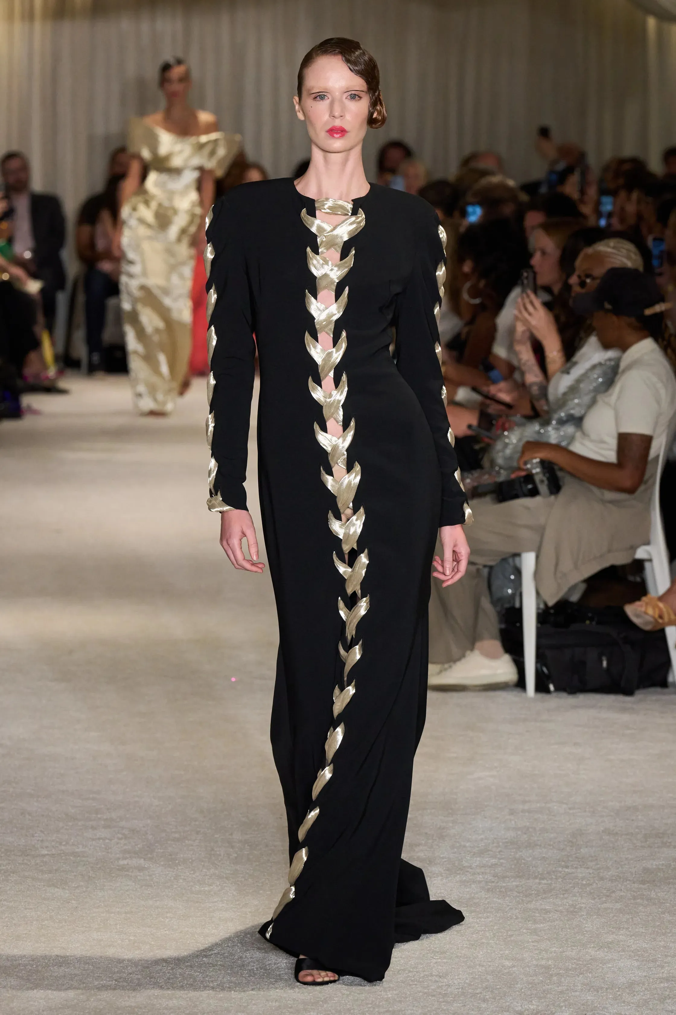 Black Long Sleeve Gown with Gold Lace Up sold by Christian Siriano