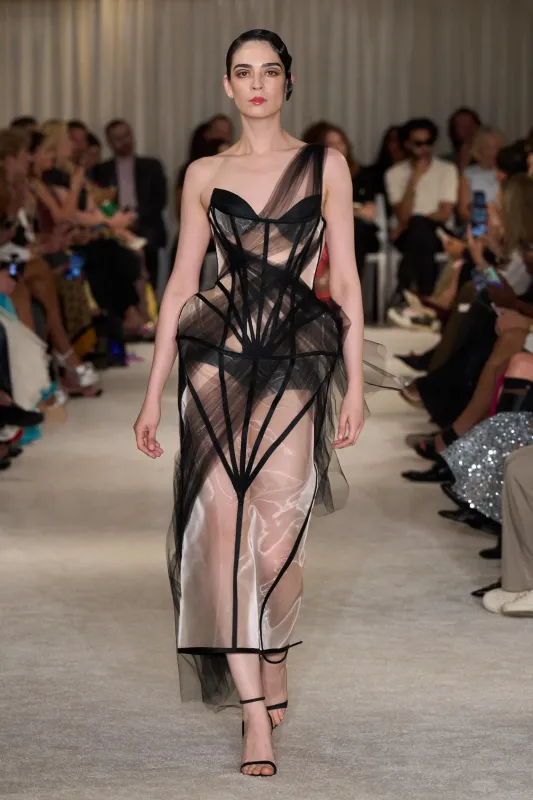 Black Draped Tulle Structured Corset Column Dress made by Christian Siriano
