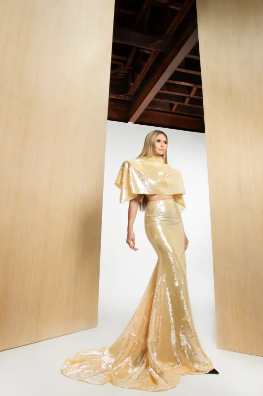 Butter Sequin Long Line Mermaid Skirt made by Christian Siriano
