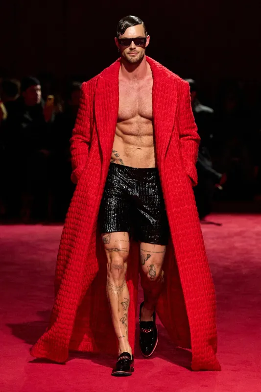 Red Geometric Long Line Coat sold by Christian Siriano