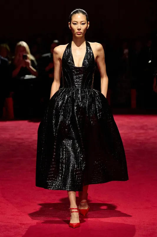 Black Patent Croc Halter Bubble Dress made by Christian Siriano
